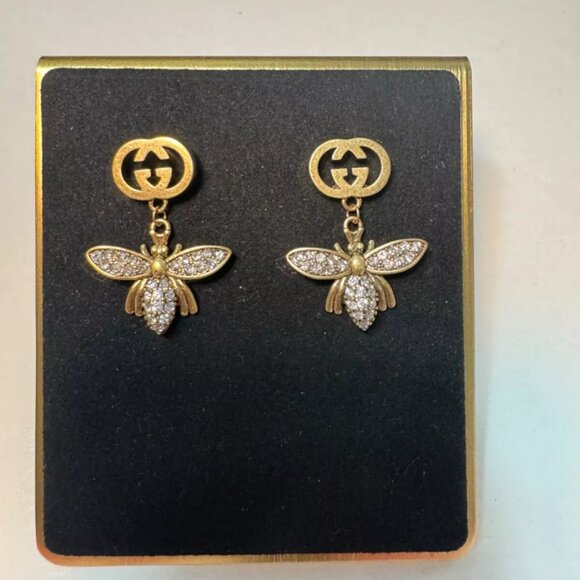 Gucci Bee Earrings Crystal Aged Gold Tone Finish - Picture 1 of 4